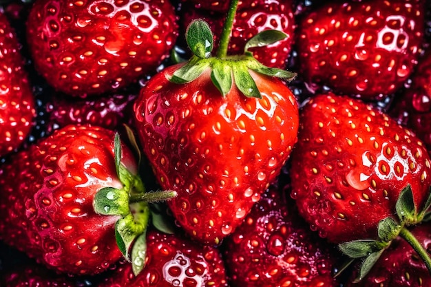 Concepto de comida creativa fresas decoradas con gotas de agua brillantes sin costuras revisión del diseño desde arriba plana