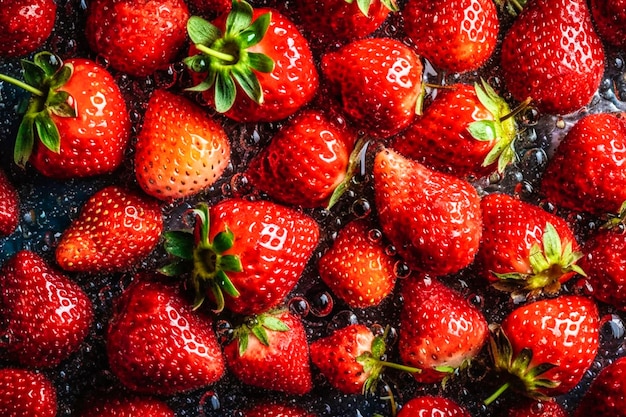 Concepto de comida creativa fresas decoradas con gotas de agua brillantes sin costuras revisión del diseño desde arriba plana