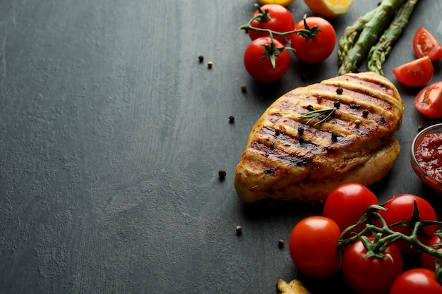 Concepto de comida deliciosa con carne de pollo a la parrilla sobre fondo de madera oscura.