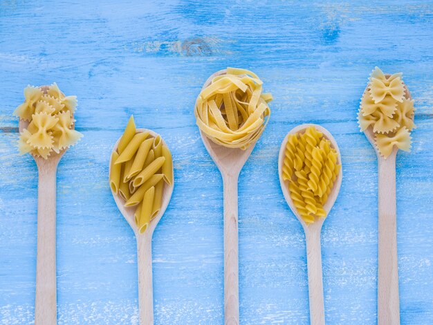 Concepto de comida italiana y diseño de menú. Varios tipos de pasta en cucharas de madera sobre fondo de madera azul. Endecha plana.