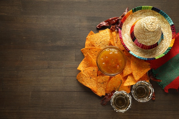 Concepto de comida mexicana Tortilla y tequila espacio para texto