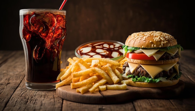 Concepto de comida rápida y alimentación poco saludable cerca de bocadillos de comida rápida y bebida de cola en la mesa de madera ai generativo