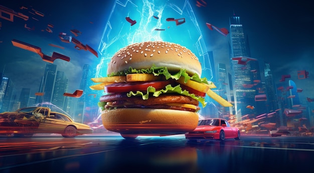 Concepto de comida rápida con hamburguesa en 3D y coche en la carretera