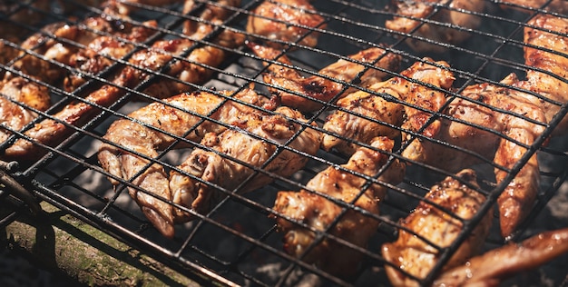 Concepto de comida sabrosa. Alitas de pollo en parrilla