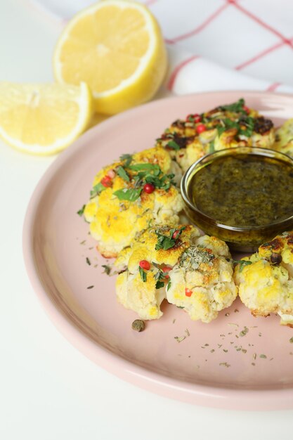 Concepto de comida sabrosa con coliflor al horno sobre fondo blanco.