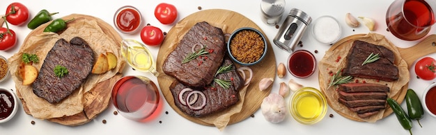 Concepto de comida sabrosa con filetes de ternera, vista superior