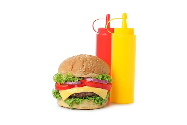 Concepto de comida sabrosa con hamburguesa aislado sobre fondo blanco.