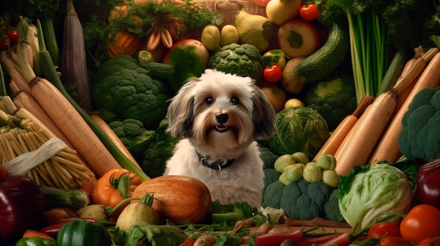 Concepto de comida saludable para perros perro sentado debajo de verduras IA generativa