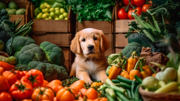 Concepto de comida saludable para perros perro sentado debajo de verduras IA generativa