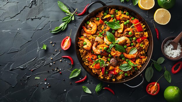 Foto concepto de comida saludable con un telón de fondo gris paella vegana generative ai