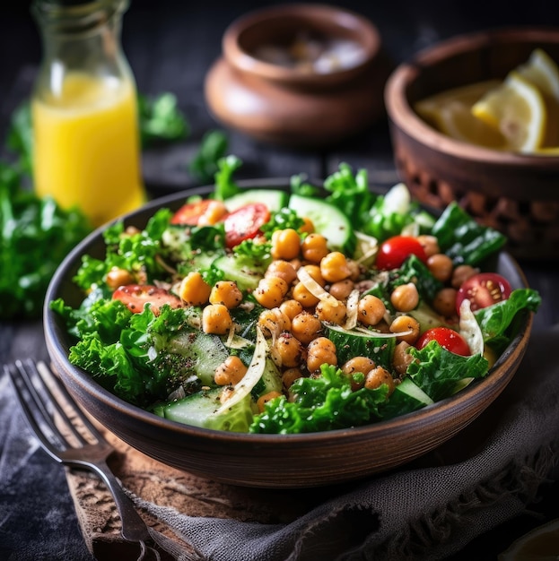 Concepto de comida vegana ensalada fresca y saludable con garbanzos