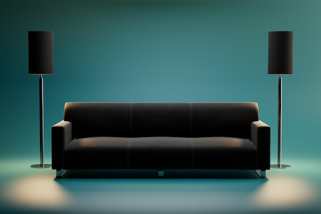 El concepto de comodidad en el hogar sofá negro y lámparas negras iluminadas sobre un fondo turquesa