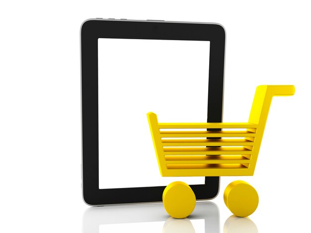 Concepto de compra por Internet. Carrito de compras y tableta