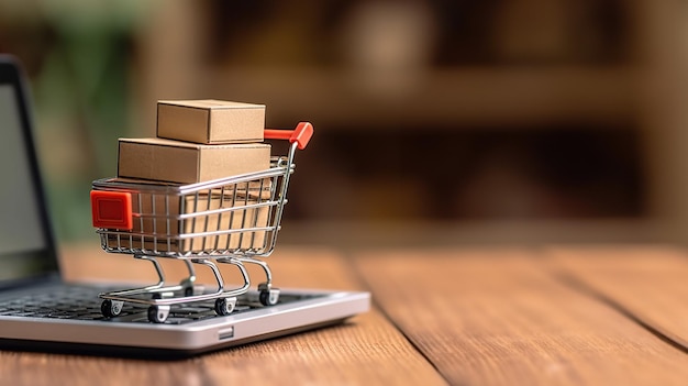 El concepto de compra en línea cobra vida cuando una caja de papel marrón se coloca de forma segura en un carro lista para la entrega