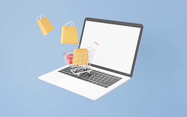 El concepto de compra en línea de la tienda 3D en el icono de la computadora portátil El carrito de compras con la bolsa de compras flotando en el fondo azul del cielo Promoción de descuento Banner de venta Comprar Vender paquete Ilustración de renderización 3D