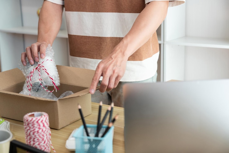 Foto concepto de compra en línea: el vendedor de la tienda envuelve su producto y lo coloca en el paquete