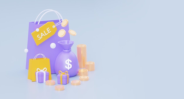 El concepto de compra online, venta de compras rentables. Ilustración de renderizado 3D