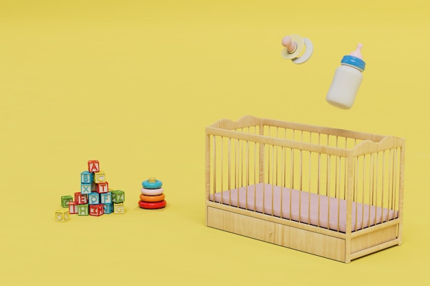 El concepto de comprar artículos para niños, juguetes de cuna, botella y chupete sobre un fondo amarillo