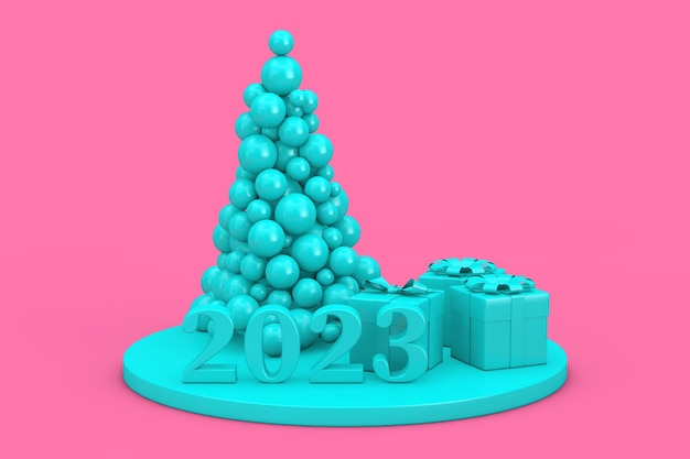 Foto concepto de compras de año nuevo bolas azules en forma de árbol de navidad signo de año nuevo 2023 y cajas de regalo en estilo duotono representación 3d