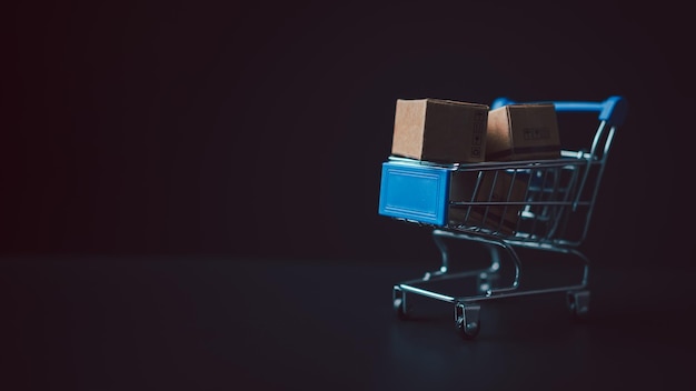 Concepto de compras Cajas de papel en carrito de compras azul con etiqueta de precio de venta sobre fondo blanco