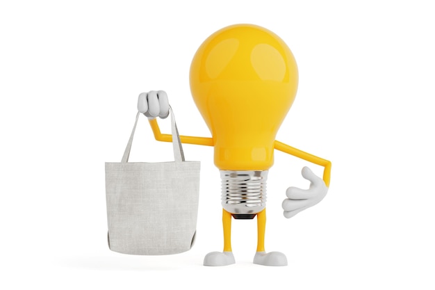 Concepto de compras ecológicas bombilla amarilla personaje sosteniendo tela bolsa de tote renderización 3d