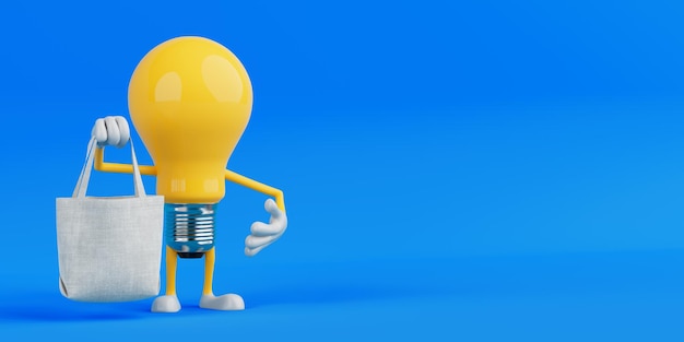 Concepto de compras ecológicas bombilla amarilla personaje sosteniendo tela bolsa de tote renderización 3d