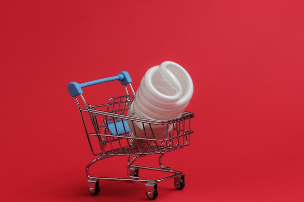 Concepto de compras ecológicas Carrito de compras con bombilla espiral