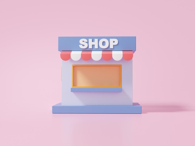 Concepto de compras Icono de tienda azul sobre fondo rosa descuento promoción venta banner sitio web negocio inversión 3d render ilustración