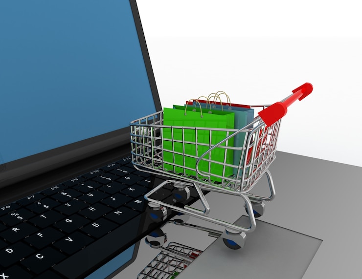Foto concepto de compras en línea 3d. ilustración sobre fondo blanco