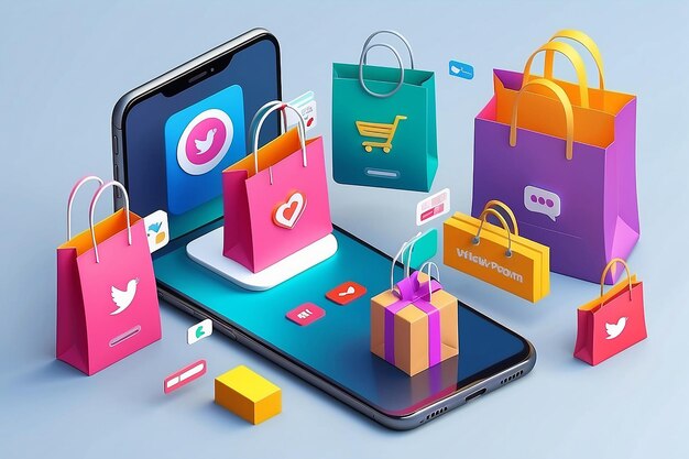 El concepto de compras en línea en la aplicación de redes sociales 3d Smartphone con bolsa de compras chat entrega de mensajes 24 horas y como icono