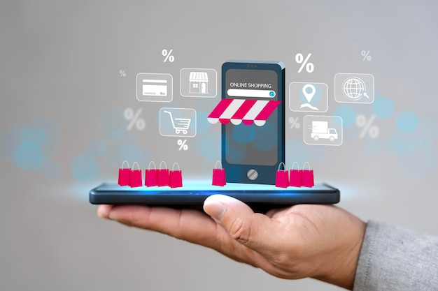 Concepto de compras en línea en la aplicación de redes sociales 3d Smartphone con bolsa de compras mensaje de chat