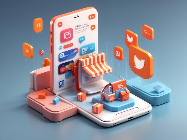 El concepto de compras en línea en la aplicación de redes sociales Smartphone 3d con mensaje de chat de bolsa de compras