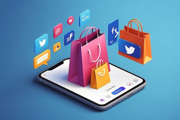 El concepto de compras en línea en aplicaciones de redes sociales 3D Smartphone con bolsa de compras chat mensajería entrega 24 horas y como icono adecuado para la promoción de tiendas digitales web e ilustración de anuncios