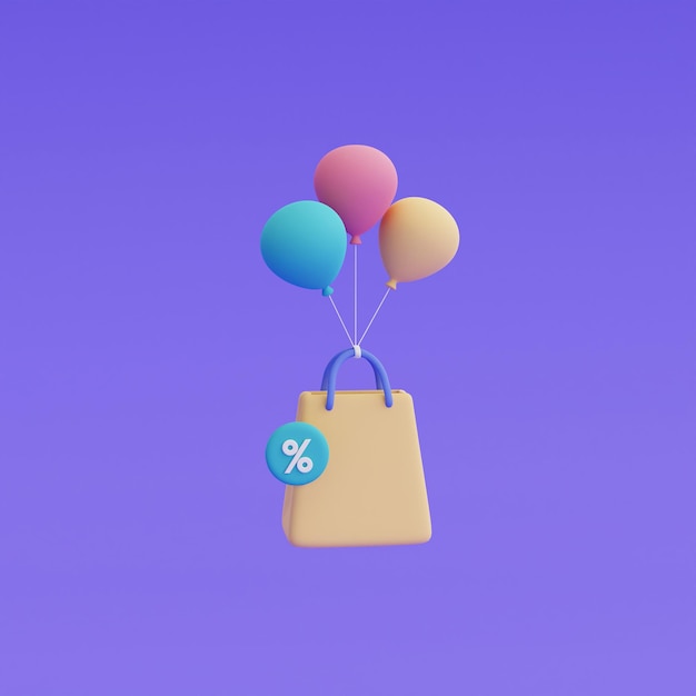 Concepto de compras en línea con bolsa de compras, promoción de marketing digital. Ilustración de render 3d.