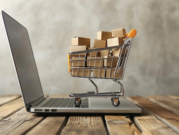 Concepto de compras en línea con un carrito lleno de cajas