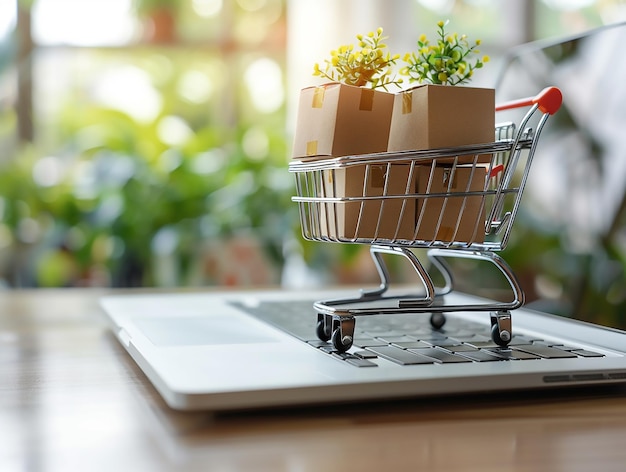 Concepto de compras en línea con un carrito lleno de cajas