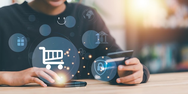 Concepto de compras en línea e-negocios reserva y pedido de productos de comercio electrónico Pago