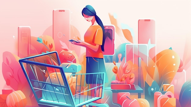 Concepto de compras en línea isométrica con mujer joven comprando ropa en la ilustración de vector de teléfono inteligente