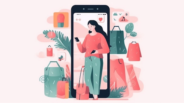 Concepto de compras en línea Una mujer elige y compra productos en la tienda de aplicaciones móviles en línea AI generativa