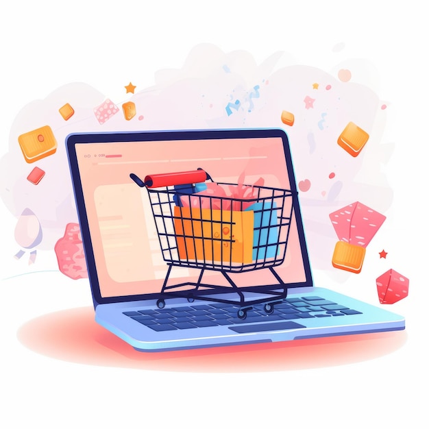 Concepto de compras en línea con portátil y carrito de compras