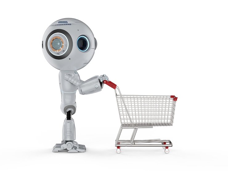 Foto concepto de compras en línea con renderizado 3d lindo robot de inteligencia artificial con carrito de compras