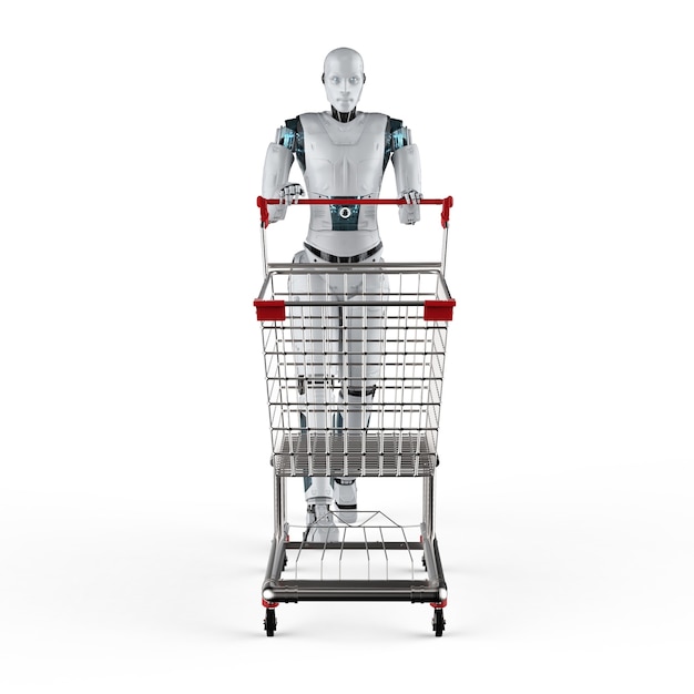 Concepto de compras en línea con robot de renderizado 3d mantenga carrito de compras