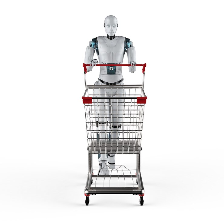 Foto concepto de compras en línea con robot de renderizado 3d mantenga carrito de compras
