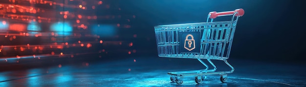 Concepto de compras en línea seguro con bloqueo de carrito digital y espacio de copia de escudo disponible para texto