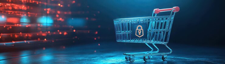 Concepto de compras en línea seguro con bloqueo de carrito digital y espacio de copia de escudo disponible para texto