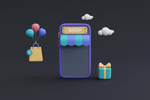 Concepto de compras en línea en el teléfono inteligente 3d con cajas de regalo. Marketing digital. Ilustración de procesamiento 3D.