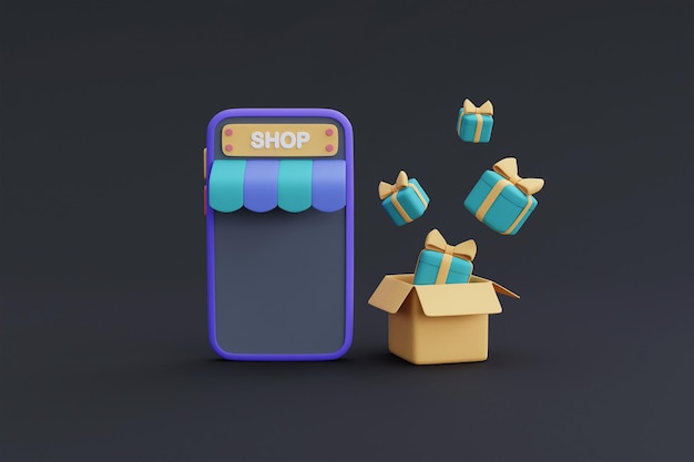 Concepto de compras en línea en el teléfono inteligente 3d con cajas de regalo. Marketing digital. Ilustración de procesamiento 3D.