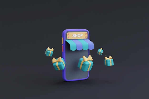 Concepto de compras en línea en el teléfono inteligente 3d con cajas de regalo. Marketing digital. Ilustración de procesamiento 3D.