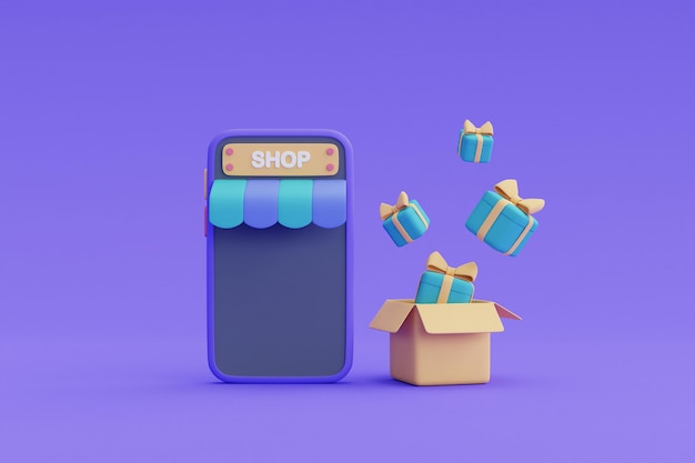 Concepto de compras en línea en el teléfono inteligente 3d con cajas de regalo. Marketing digital. Ilustración de procesamiento 3D.