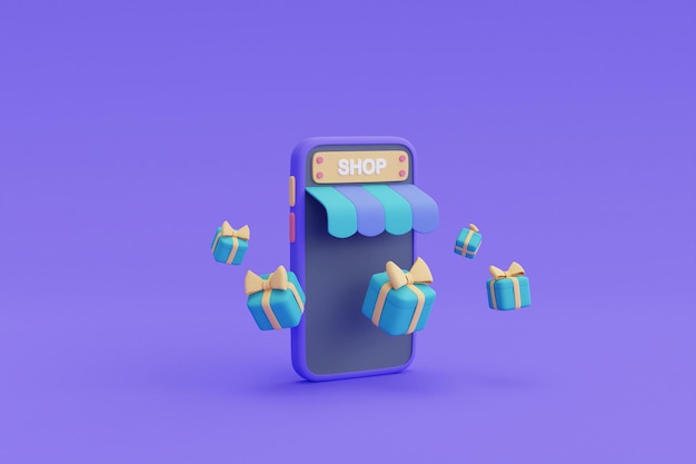 Concepto de compras en línea en el teléfono inteligente 3d con cajas de regalo. Marketing digital. Ilustración de procesamiento 3D.